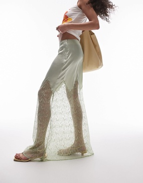 Topshop Satin lace mix maxi skirt in soft sage green