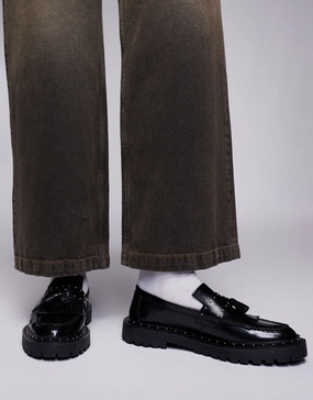ASOS DESIGN chunky penny loafers in black leather with silver hardware
