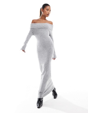 Aria Cove knitted bardot fold over maxi sweater dress in gray heather