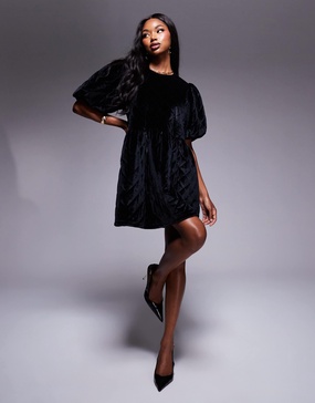 ASOS DESIGN quilted velvet puff sleeve smock mini dress in black