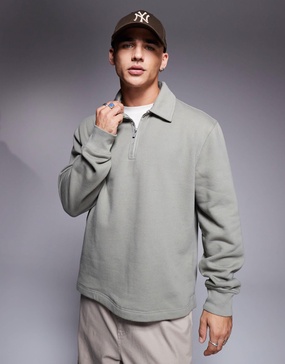 River Island quarter zip collared sweatshirt in light khaki