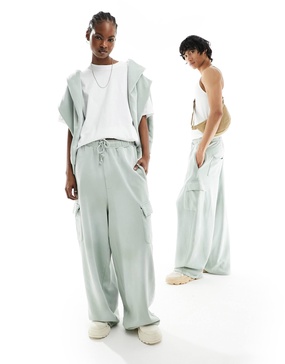 ASOS DESIGN unisex wide leg sweatpants with cargo pockets in washed green - part of a set