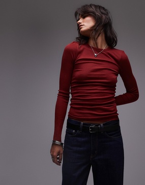 ARKET merino wool knit ribbed long sleeve top with scoop neck in red