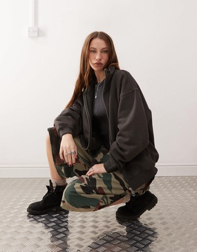 Weekday Jodi zip up funnel neck sweatshirt in dark gray