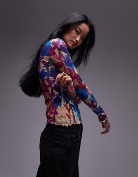 Topshop crinkle watercolor floral long sleeve top in multi