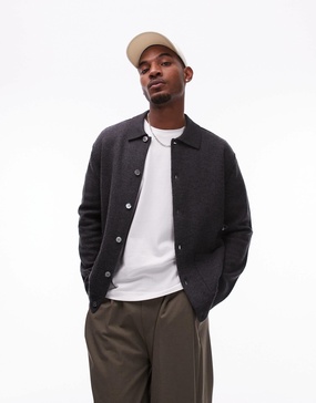ARKET boiled wool oversized cardigan with button front and polo collar in dark gray