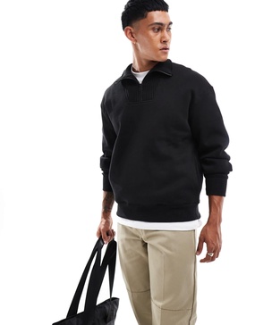 Bershka ribbed neck 1/4 zip sweater in black