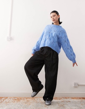 Monki boxy cropped cable knit sweater in blue