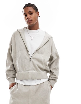 Bershka washed zip through hoodie tracksuit in stone