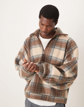 ASOS DESIGN extreme oversized boxy sweater with funnel neck in brown plaid