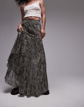 Topshop semi sheer godet maxi skirt in black and white animal geo print