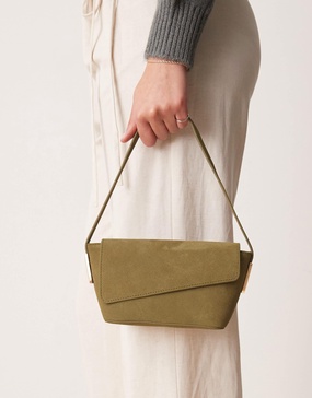 ASOS DESIGN suede asymmetric flap shoulder bag with strap hardware in khaki