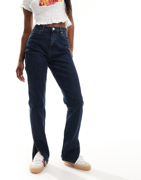 Blank NYC straight leg jeans with slit hem in darkwash blue
