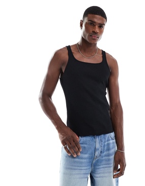 ASOS DESIGN muscle fit rib tank top with square neck in black