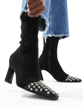 ASOS DESIGN Rosie mid-heel sock boot in black with studded toe-cap