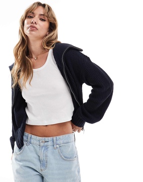 Brave Soul full zip fisherman knit cardigan in navy