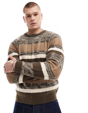 Another Influence mix match stripe round neck sweater in brown