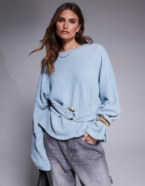 ASOS DESIGN ribbed boucle long sleeve top with gold trim detail in baby blue