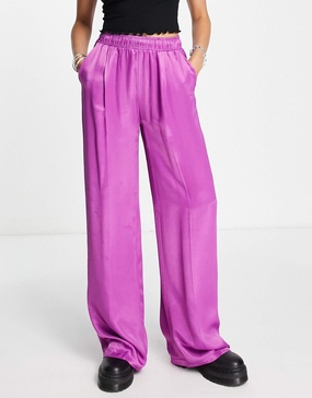 Bershka straight leg satin pants in purple