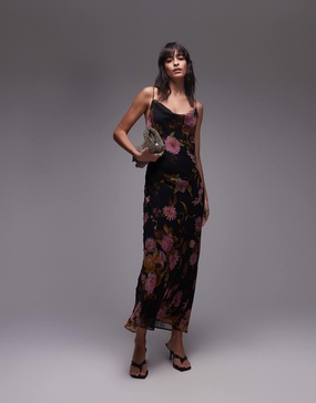 Topshop twist back cowl neck midi slip dress in pink and lime floral