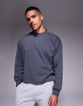 ASOS DESIGN heavyweight oversized boxy long sleeve henley t-shirt with step hem in charcoal