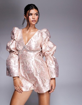 ASOS LUXE embellished jacquard romper with bow back in pink