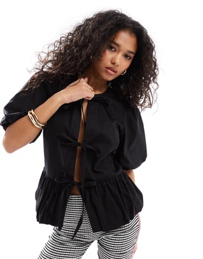ASOS DESIGN cotton puff sleeve peplum top in black