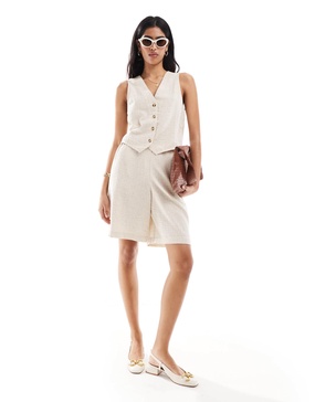 ASOS DESIGN longline shorts with linen in natural plaid - part of a set