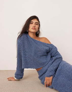 ASOS EDITION fine knit twist off shoulder cropped sweater in slate blue - part of a set