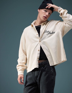 ASOS DESIGN boxy denim overshirt with chest embroidery in ecru