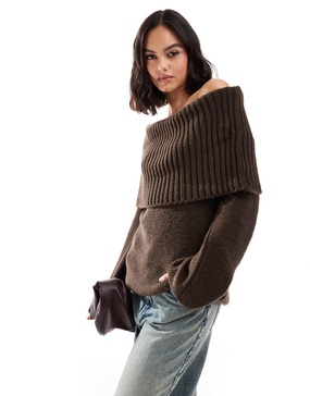 ASOS DESIGN chunky bardot rib sweater in chocolate