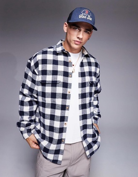 ASOS DESIGN 90s oversized wool blend shirt in navy buffalo check