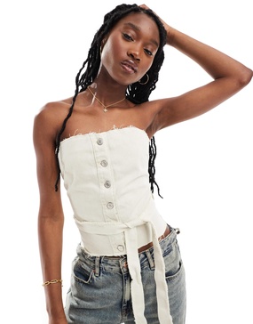 Only belted corset denim top in ecru