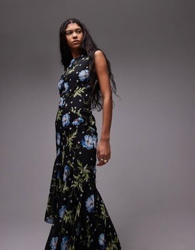 Topshop godet hem boutique occasion midi dress in black based winding floral