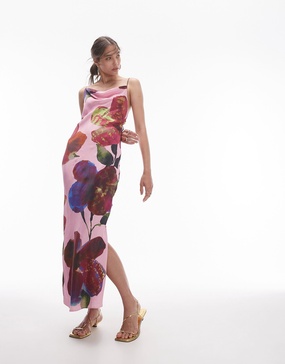Topshop cowl neck scoop back midi dress in blurred floral