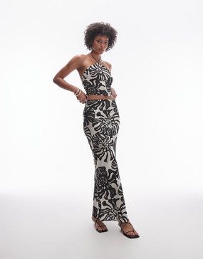 Topshop Tall satin twill bias maxi skirt in mono fern smudge print - part of a set