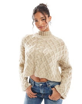Bershka high neck chunky sweater in sand