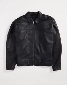 ASOS DESIGN premium real leather harrington jacket in black