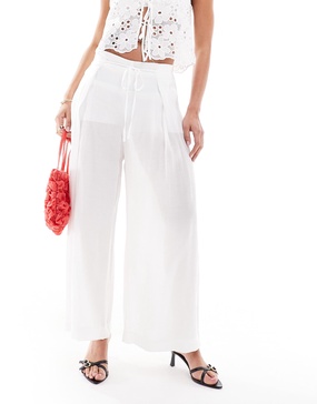 Bershka wide leg linen look pants in white
