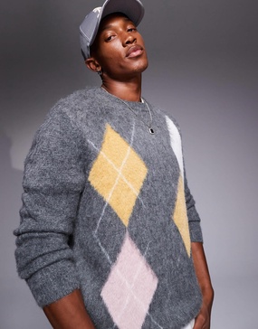 ASOS DESIGN knitted crew neck sweater with argyle pattern in gray