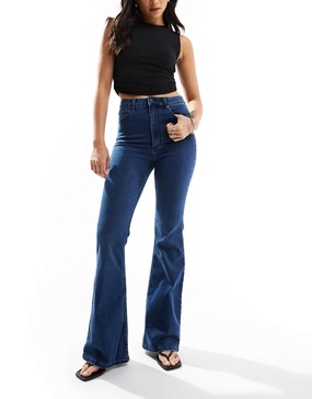 ASOS DESIGN sculpting super stretch flare jeans in dark blue