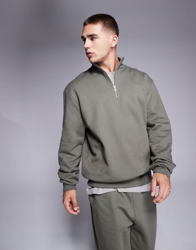 ASOS DESIGN premium heavyweight oversized quarter zip sweatshirt in khaki