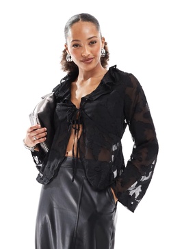 ONLY front tie sheer top with embroidery details in black