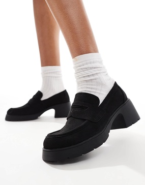 ASOS DESIGN Scribble chunky mid heeled loafers in black suedette