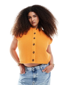 ASOS DESIGN Curve boxy knit stitch vest with button detail in orange