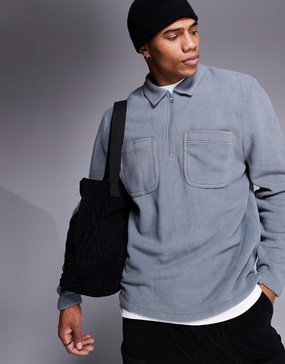 ASOS DESIGN fleece sweatshirt with quarter zip and collar in gray