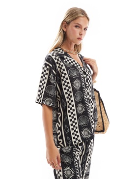 ASOS DESIGN boxy shirt with shell vacation print in mono - part of a set