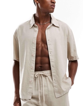 Bershka linen look shirt in sand - part of a set