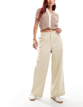 ASOS DESIGN cord cropped wide leg pants with contrast stitch in buttermilk