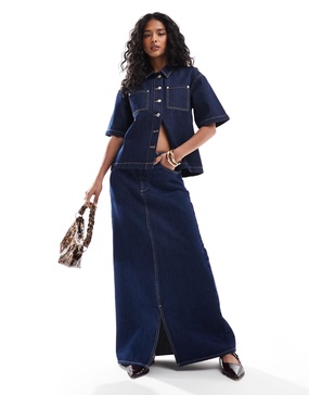 ASOS DESIGN denim maxi split front skirt in indigo